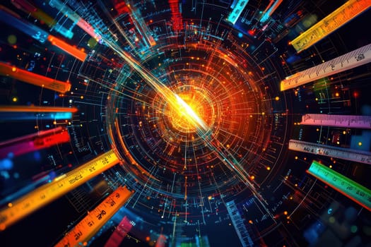This vibrant abstract composition showcases floating measurement tools with dynamic lines and circles, creating a sense of energy and innovation in a futuristic visual.