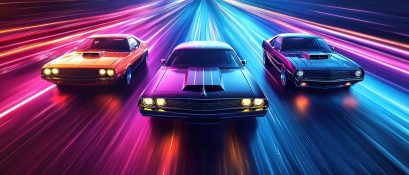 Experience the thrill of speed with this vibrant poster showcasing three powerful cars in motion, illuminated by stunning light trails. Perfect for automotive enthusiasts.