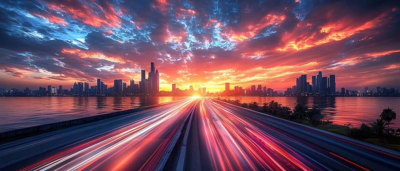 A breathtaking view of an urban highway at sunset, featuring vibrant gold and orange hues illuminating a bustling city skyline. The scene captures the beauty of movement and light.