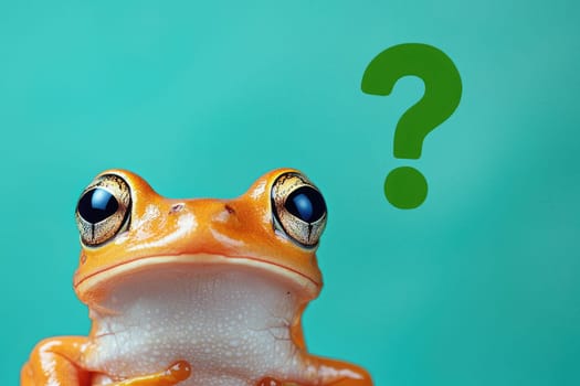 vibrant frog with large eyes and curious expression against teal background.