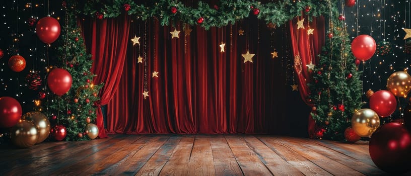 A vibrant festive stage featuring rich red curtains, sparkling lights, and holiday decorations, perfect for performances, events, or celebrations.