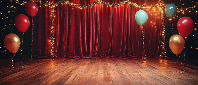 A cozy stage scene featuring rich red velvet curtains, colorful balloons, and twinkling lights, creating a festive atmosphere for any celebration.