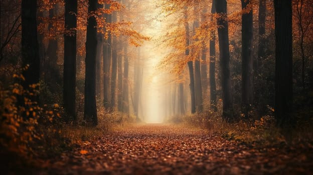 tranquil forest trail carpeted in brown and yellow leaves.