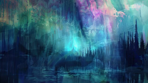 Dive into the mesmerizing world of digital art featuring ethereal auroras where swirling strokes of watercolor create captivating landscapes. This artwork embodies tranquility and vibrancy inviting viewers to experience nature's beauty through a digital lens.
