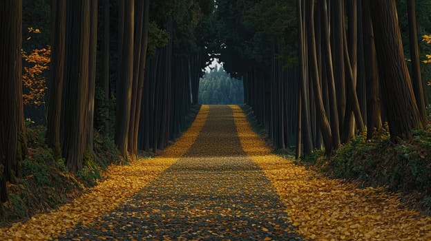 winding forest path covered in golden autumn leaves.