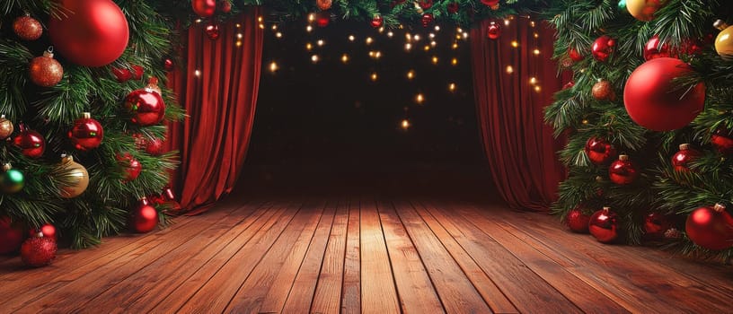 A festive stage features slightly open red curtains adorned with holiday decorations, creating a cheerful ambiance perfect for winter celebrations and events.
