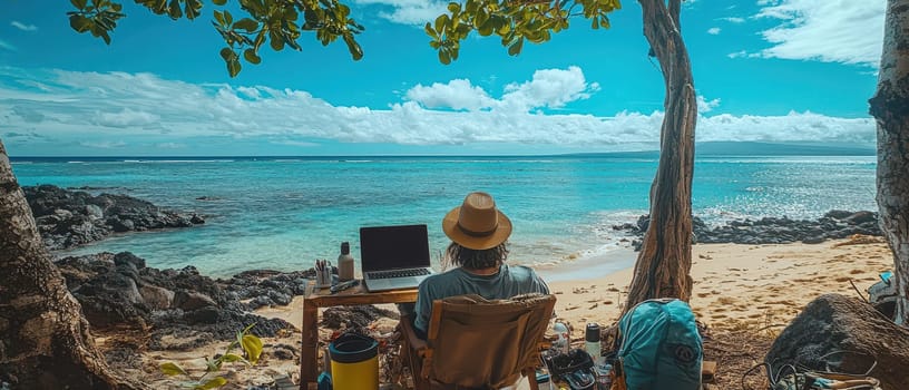 A tranquil beachside workspace showcases a digital nomad working on a laptop, surrounded by nature's beauty, offering a perfect blend of relaxation and productivity.