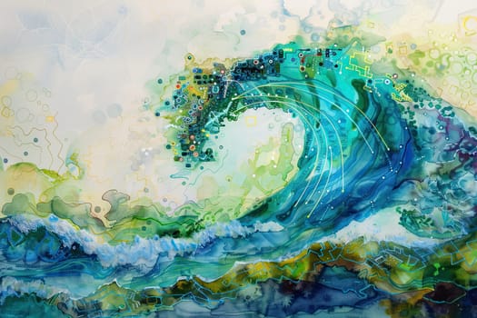 Explore the stunning artistry of oceanic circuitry in this captivating watercolor painting showcasing a majestic wave cresting with intricate patterns and vibrant colors that blend nature and technology.