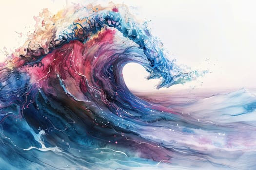 Dive into the mesmerizing beauty of oceanic circuitry captured in watercolor as a wave crests and flows showcasing the intricate dance of colors and textures that evoke the power and serenity of the sea.