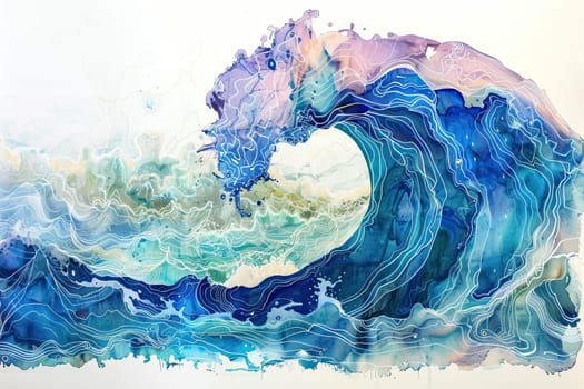 Explore the mesmerizing interplay of colors and forms in this watercolor depiction of a cresting ocean wave capturing the essence of nature's power and beauty.