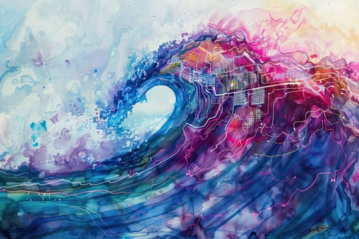 Dive into the mesmerizing world of watercolor art as we explore the vibrant colors and intricate designs of oceanic circuitry captured in a stunning wave cresting in this masterpiece.