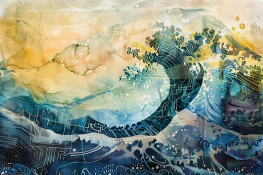 Discover the mesmerizing blend of nature and technology in this stunning watercolor artwork. Featuring a wave cresting in vibrant colors and intricate circuitry this piece captures the essence of oceanic beauty combined with digital innovation.