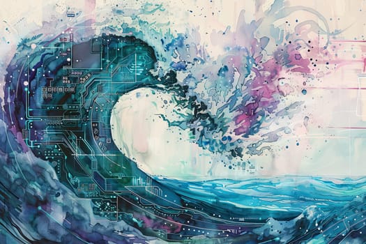 This captivating artwork showcases a breathtaking wave cresting intertwined with intricate circuitry patterns blending the beauty of nature with modern technology in a vibrant watercolor composition.