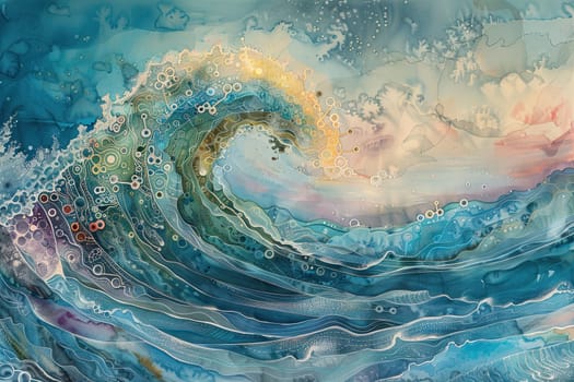 Discover the stunning artistry of oceanic circuitry depicted in a vibrant watercolor wave showcasing the intricate details and fluid motion of nature's beauty.