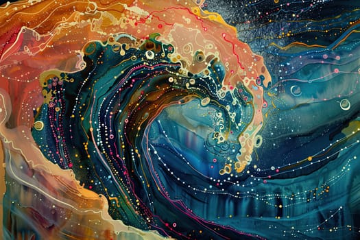Delve into the mesmerizing world of oceanic circuitry with this captivating watercolor art piece showcasing a wave cresting in vibrant colors. Experience the fluidity and rhythm of the ocean as it intertwines with artistic expression creating a unique visual journey that celebrates nature's beauty.