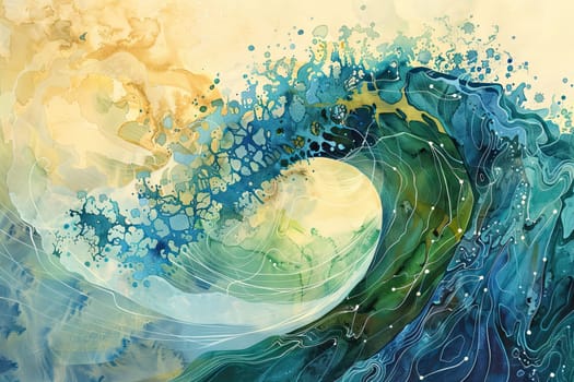 Explore the stunning depiction of oceanic artistry with this watercolor wave painting showcasing the intricate details of waves cresting in vibrant colors. Perfect for art lovers and enthusiasts looking to enhance their collection with a unique ocean-themed piece.