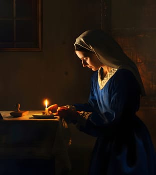 A woman in a blue dress is illuminated by a candle in a historical setting.