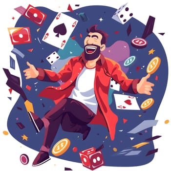Jubilant man in red shirt rejoicing amidst flying cards, dice and casino chips