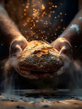 The person is holding a loaf of bread, a key ingredient in Mchoui, a traditional North African dish involving a whole suckling pig cooked slowly over heat, creating a delicious and flavorful meal