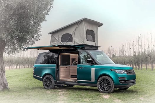 Luxury camper van parked in the countryside with its side door and roof tent open. The van is surrounded by olive trees