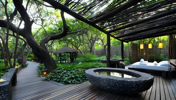 Luxury outdoor spa retreat with lush greenery, massage bed, and stone bath.