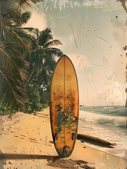 A surfboard rests on sandy shore with palm trees in the background, creating a picturesque scene. The wooden sports equipment contrasts beautifully with the tints of the sky and wind waves