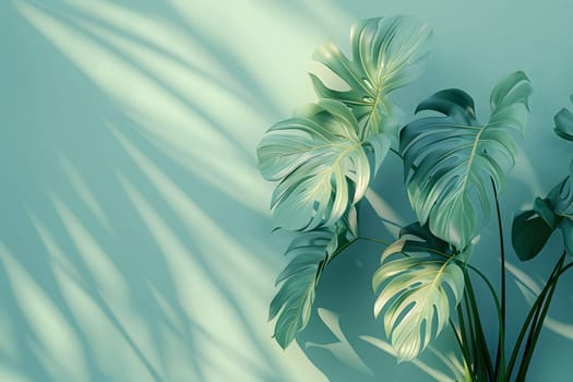 A terrestrial plant, with a lot of leaves, is casting a shadow on a wall. The plants hairlike structures are illuminated with an electric blue hue
