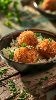 Crispy rice balls with fresh herbs displayed on a rustic wooden table