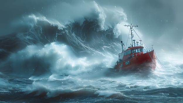 A red watercraft is being tossed by wind waves in the stormy ocean, with dark clouds looming in the sky. The boat navigates through the rough waters with skillful naval architecture