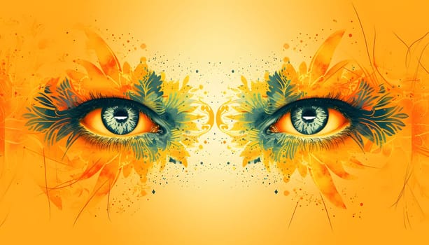 A detailed closeup of a womans eyes with intricate flower paintings, showcasing the beauty and artistry on the human body. The orange flowers stand out against the iris, eyelashes, and eyelids