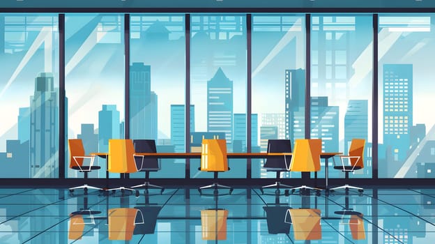 Spacious office conference room featuring cityscape view and modern furniture
