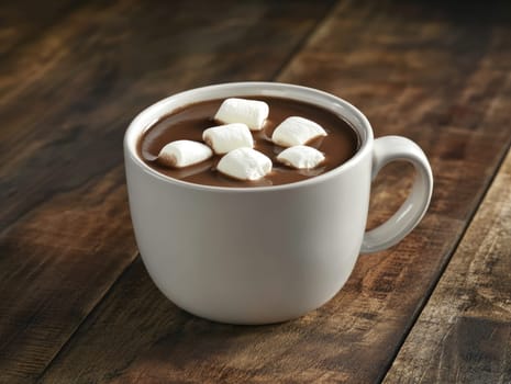 Cozy winter beverage delight. Hot chocolate with marshmallows in a white mug on wooden table.