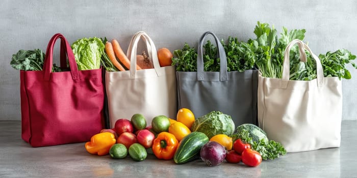 Eco friendly canvas grocery bags showcasing fresh fruits and vegetables.