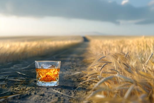 Whiskey glass resting on a country road with expansive golden wheat fields around