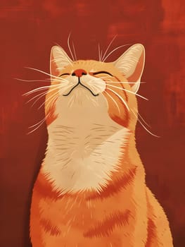 A painted portrayal of a Felidae carnivore, a small to mediumsized cat with orange and white fur. Its eyes are gently closed, whiskers and snout delicately detailed, set against a window backdrop