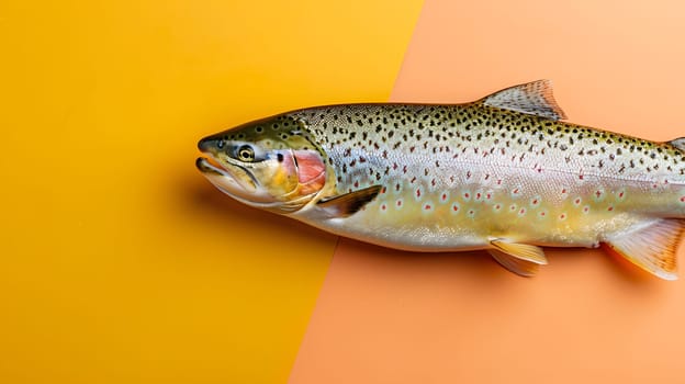 Freshly caught brown trout fish displayed on contrasting yellow and orange background