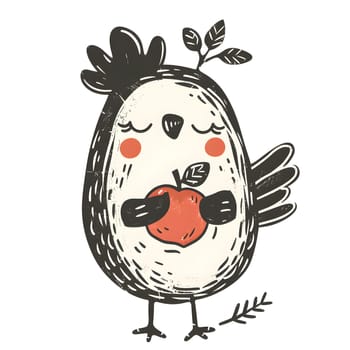 A whimsical cartoon bird is enjoying an apple as a snack, with leaves on its head. This creative illustration combines tableware, fruit, and art in a playful way