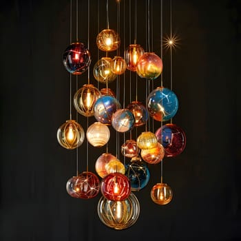 A dazzling array of Christmas ornaments hang from the ceiling, creating a colorful and festive display. The creative arts and holiday spirit blend seamlessly in this eyecatching decor