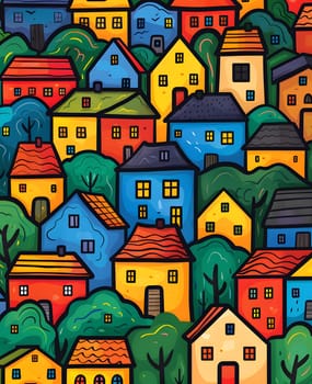 Vibrant art painting of houses on a hillside, showcasing a range of tints and shades. The colorful rectangular houses stand out in red against the landscape