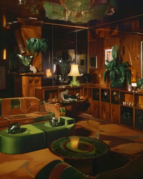 Retro living room with green and brown decor, vintage furniture and lush plants.