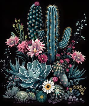 Vibrant cacti and succulents blooming with colorful flowers on a dark backdrop.