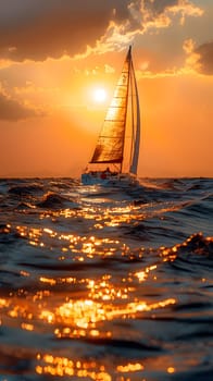 A boat is sailing in the tranquil waters of the ocean as the sun sets, casting a warm glow on the clouds and creating a peaceful atmosphere