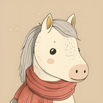 Image of a charming horse in a red scarf, drawn in a cozy handdrawn style
