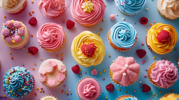 Various colorful cupcakes with vibrant frosting and delicious toppings