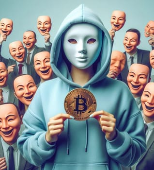 A woman in a hoodie holding a gold coin with the letter B on it. She is surrounded by people with masks on, including a man with a tie. The image has a mysterious and secretive vibe