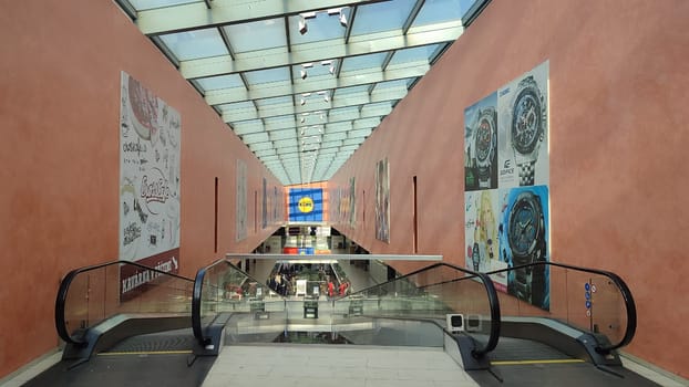 October 22 2024 Hradec Kralove, Czech Republic Europe, Kralov region, Kralovehradecky kraj, shopping mall, escalator, commercial building. High quality photo