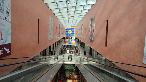October 22 2024 Hradec Kralove, Czech Republic Europe, Kralov region, Kralovehradecky kraj, shopping mall, escalator, commercial building. High quality photo