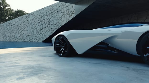 White sports car is parked inside a modern, minimalist garage attached to a luxurious house with a pool. The image evokes a sense of wealth, luxury, and exclusivity