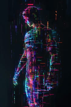 Abstract digital figure with vibrant glitch-like effects in dark background