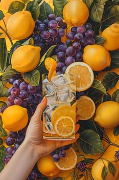 A hand is grasping a glass of refreshing iced lemonade surrounded by lemons and grapes